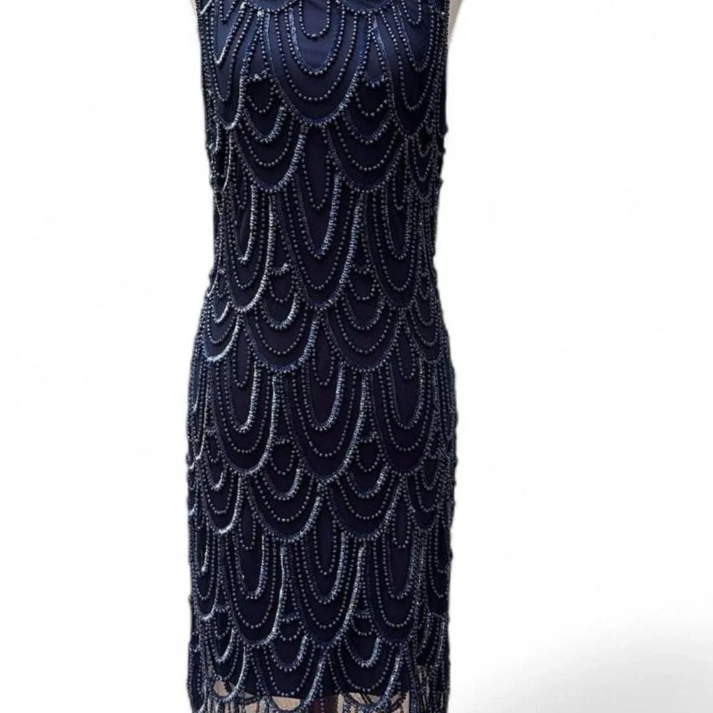 Vintage Y2K 20s Inspired Midnight Blue Beaded‎ Dress